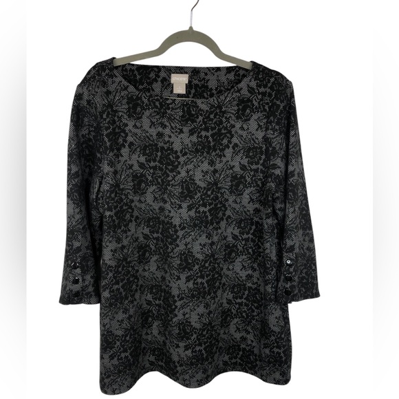 Chico's Tops - Chico’s Lace Pattern Tunic Top Button Trim on Sleeve Round Neckline